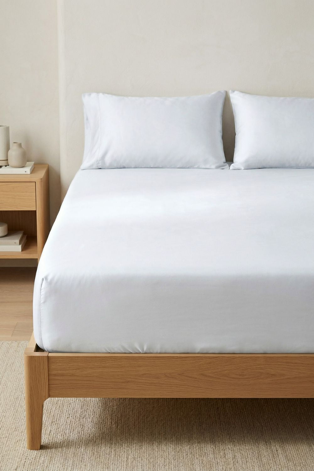 A white 100% bamboo fitted sheet with pillows styled on a wooden bed frame in a minimalistic room.