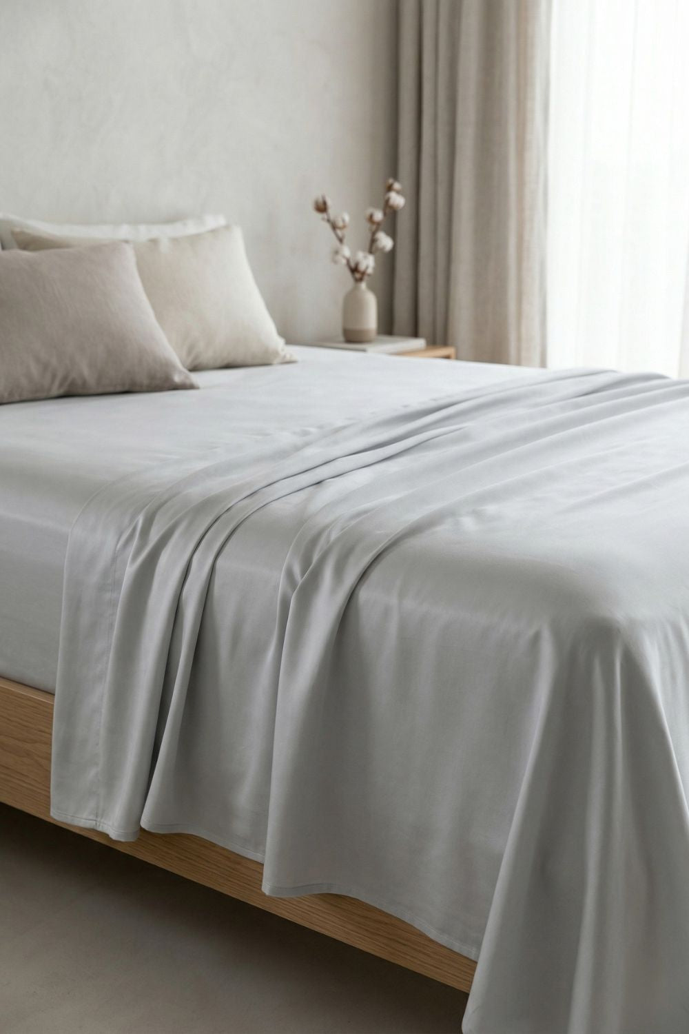 High-quality bamboo bedding styled in a cool neutral bedroom