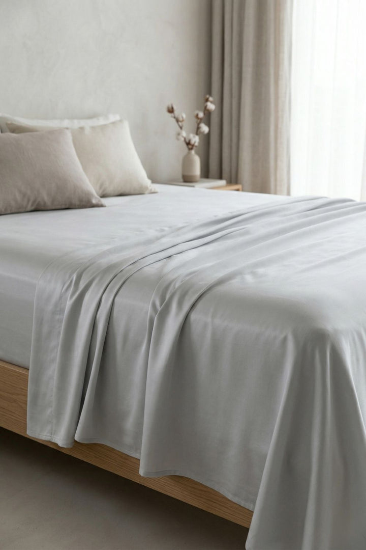 High-quality bamboo bedding styled in a cool neutral bedroom