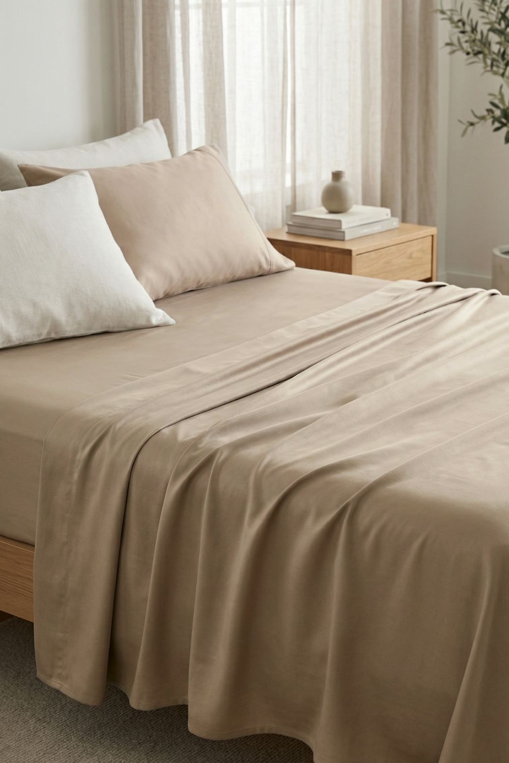 Warm beige flat sheet on a bed with a nightstand in the background in a minimalist styled neutral bedroom