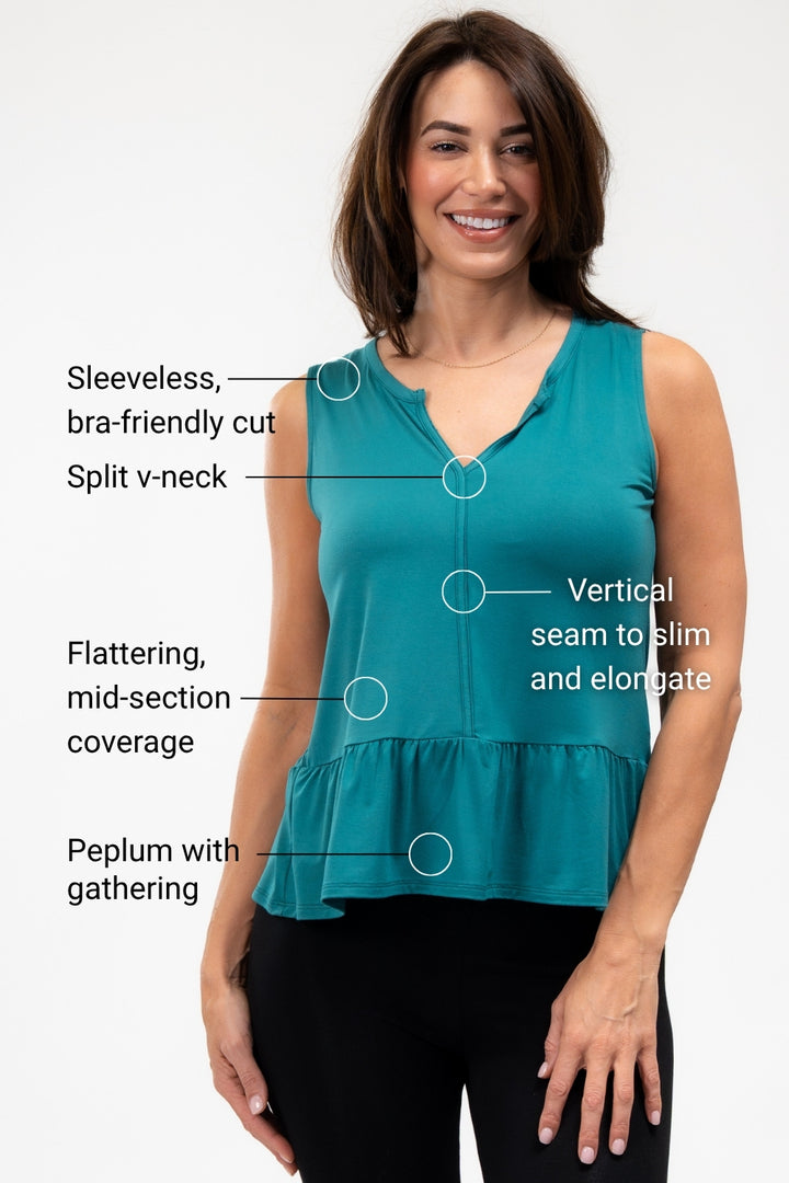 Lila Bamboo Peplum Tank Top - Coastal Teal