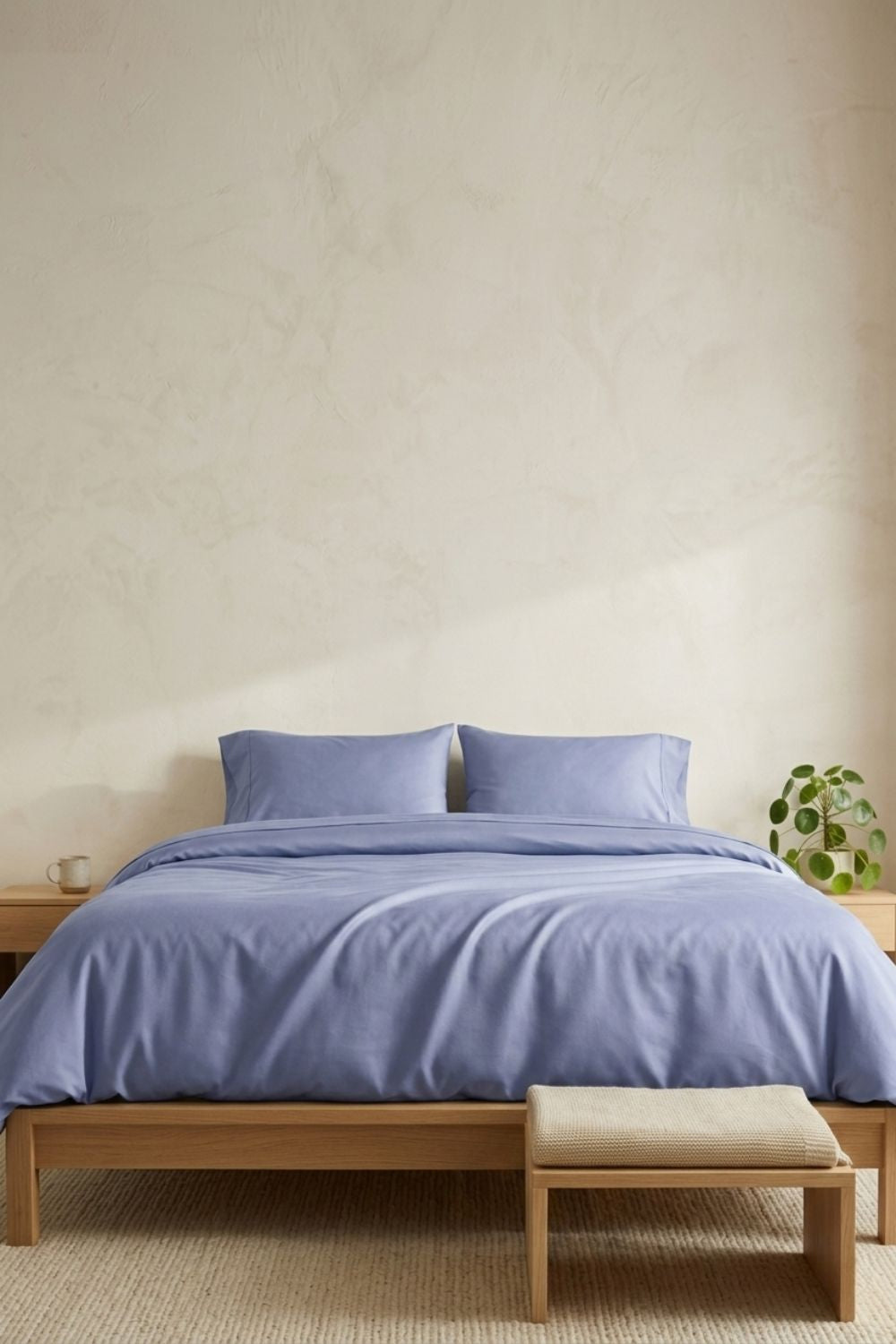 Mineral blue bamboo duvet cover on a bed in a bright minimalist bedroom. Sustainable bedding in an earthy blue-grey tone styled with light neutral accents for a clean, modern look.