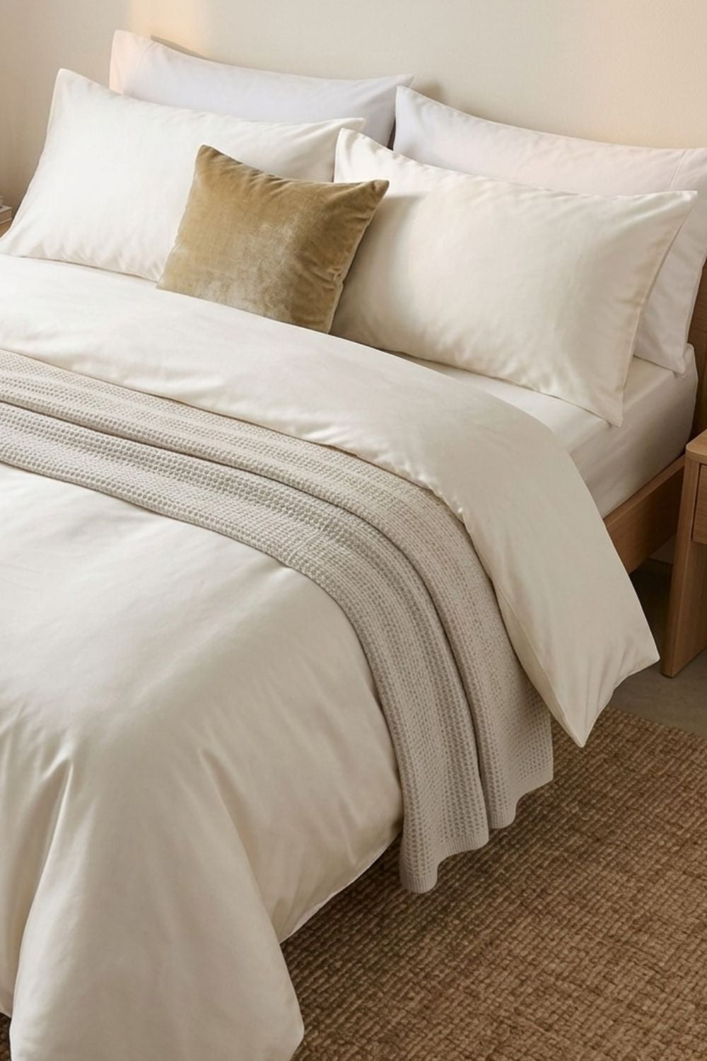 A bright and airy neutral bedroom featuring a pearl white bamboo duvet cover. The bedding is styled with cream decorative pillows and a knit throw, showcasing a minimalist, sustainable lifestyle aesthetic.
