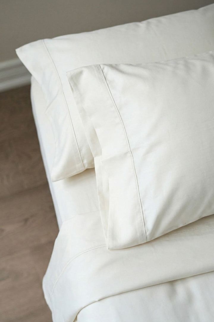 Close-up of smooth Pearl warm white bamboo sheets draped on a bed in a sunlit, modern room.