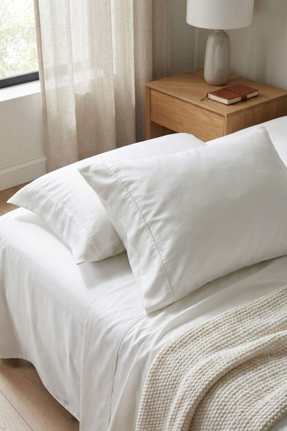A pair of soft, pearl-colored pillows styled on a bed in a minimalist bedroom with warm white tones and natural lighting.