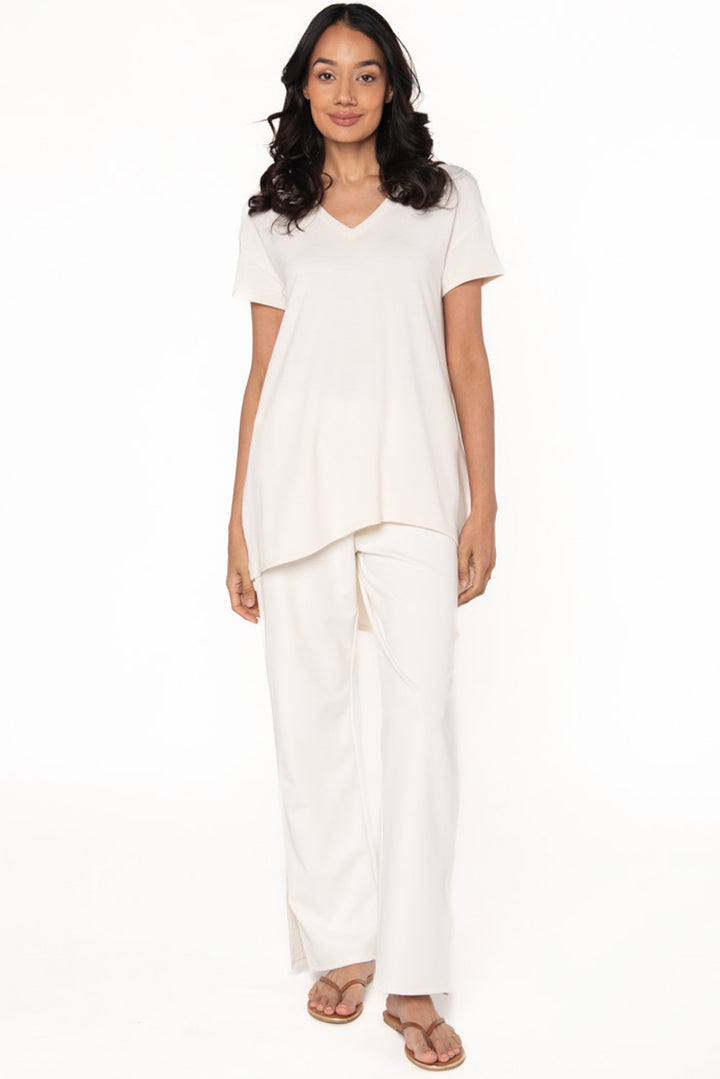 Bamboo asymmetric tunic in Cream full body