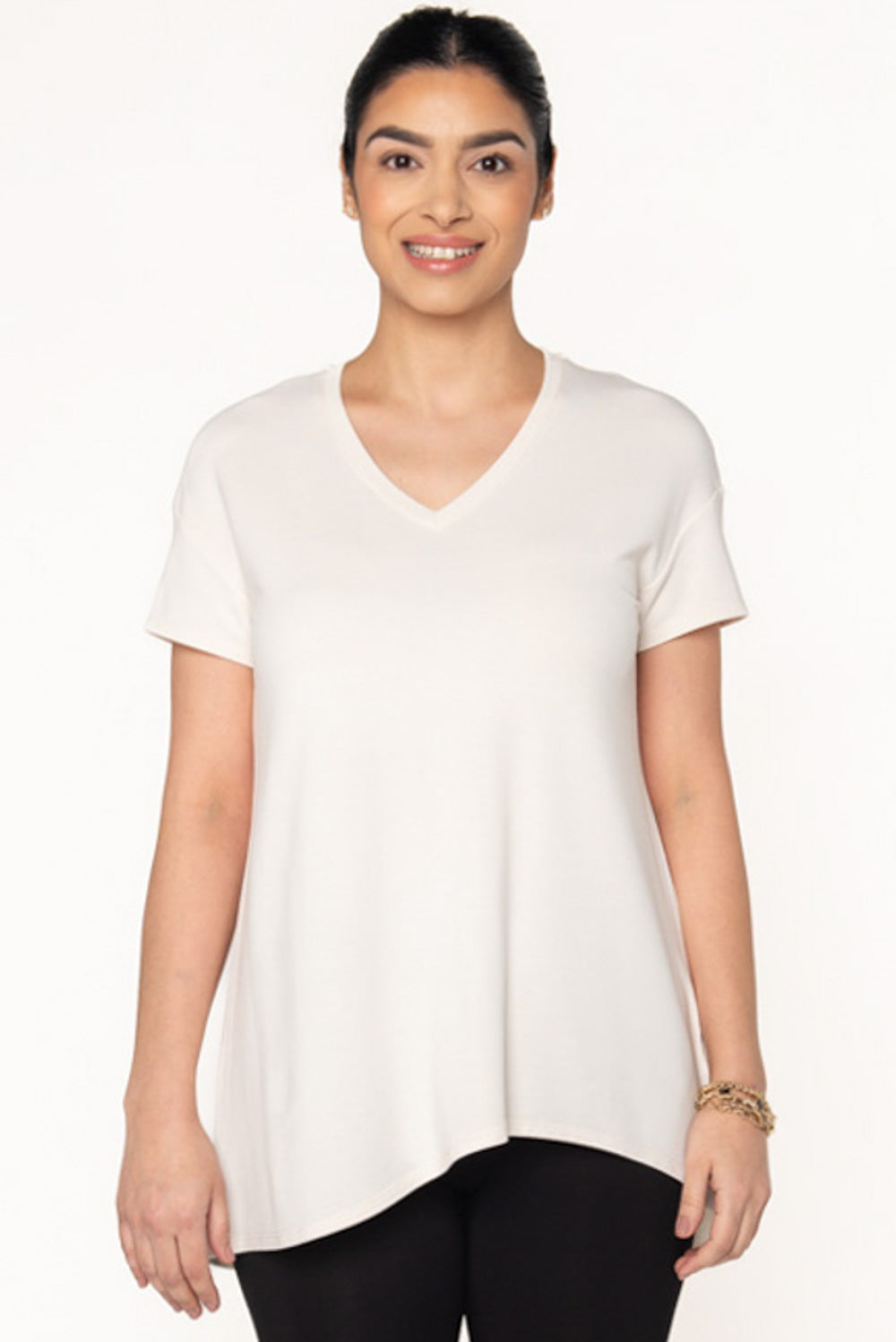 Bamboo asymmetric tunic in Cream front side