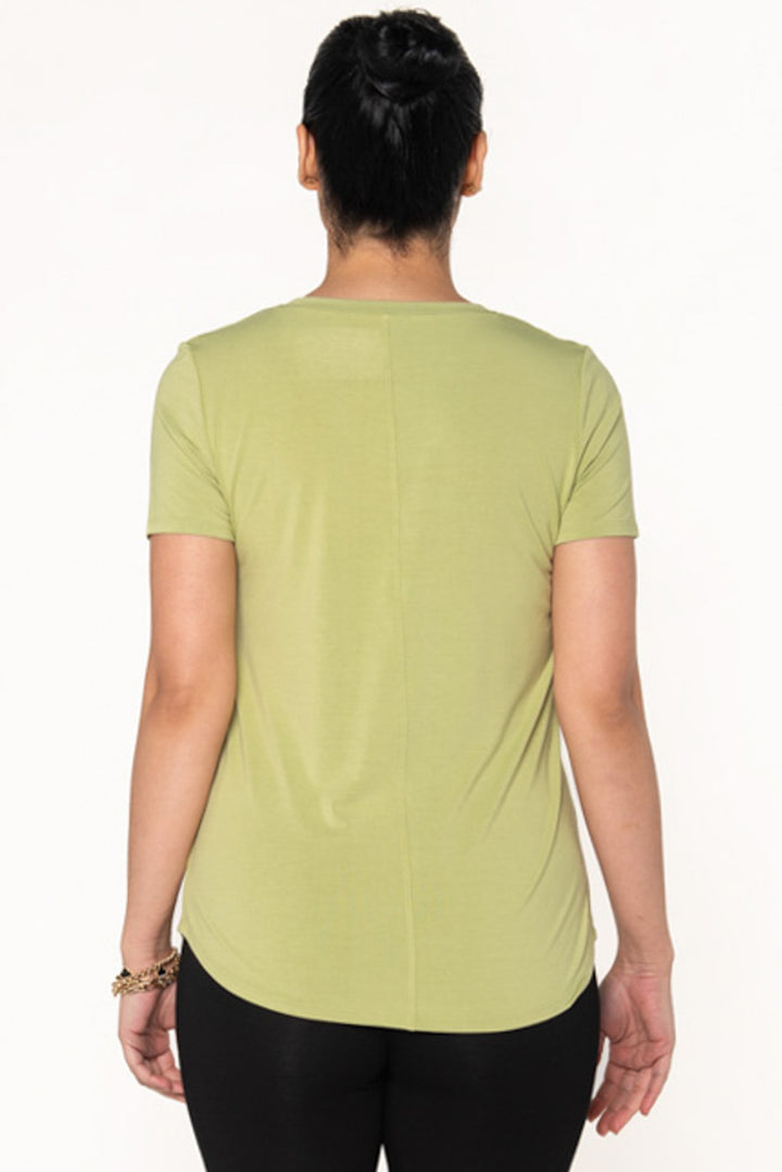 Bamboo t-shirt with a v-neckline in a light green colour by Terrera. The model is showing the back of the t-shirt which features a center seam line down the back.