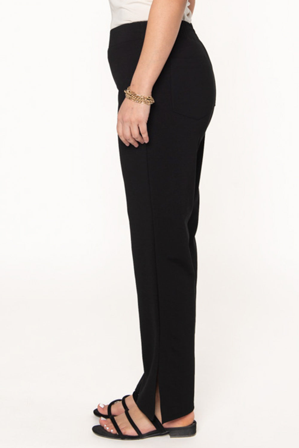 Bamboo straight leg pants featuring a side slit detail at the ankle. 