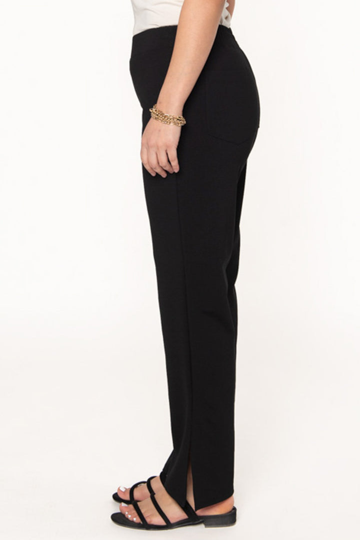 Bamboo straight leg pants featuring a side slit detail at the ankle. 