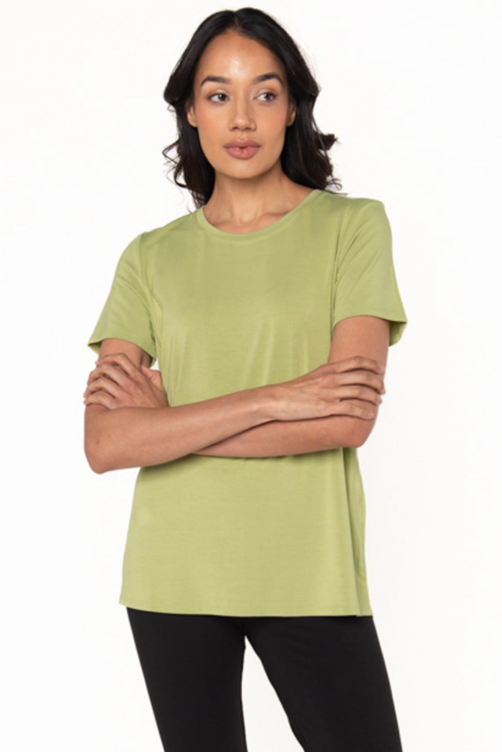 Model wearing a Citron green bamboo t-shirt with a crew neckline by Terrera.