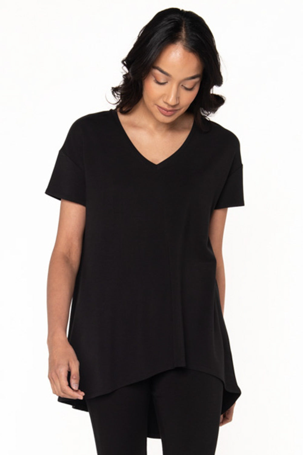 Bamboo asymmetric tunic in Black front side