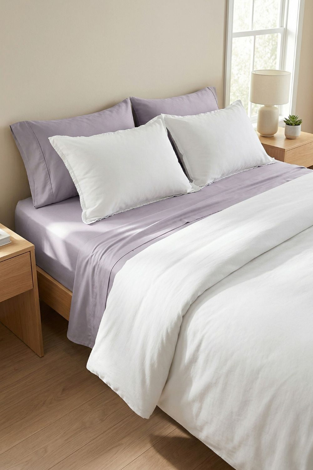 Sustainable home bedding featuring breathable sheets in the color amethyst draped on a bed in a clean, bright interior.