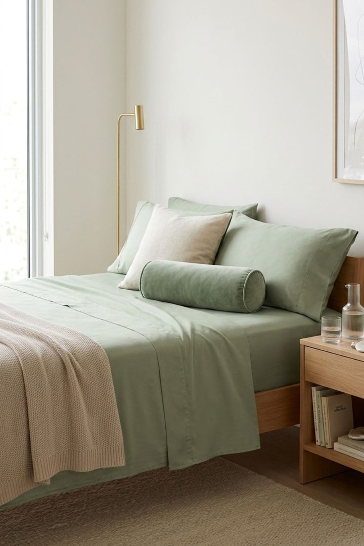 A serene bedroom featuring a sage green bamboo sheet set styled in a bright, minimalist room with natural wood accents
