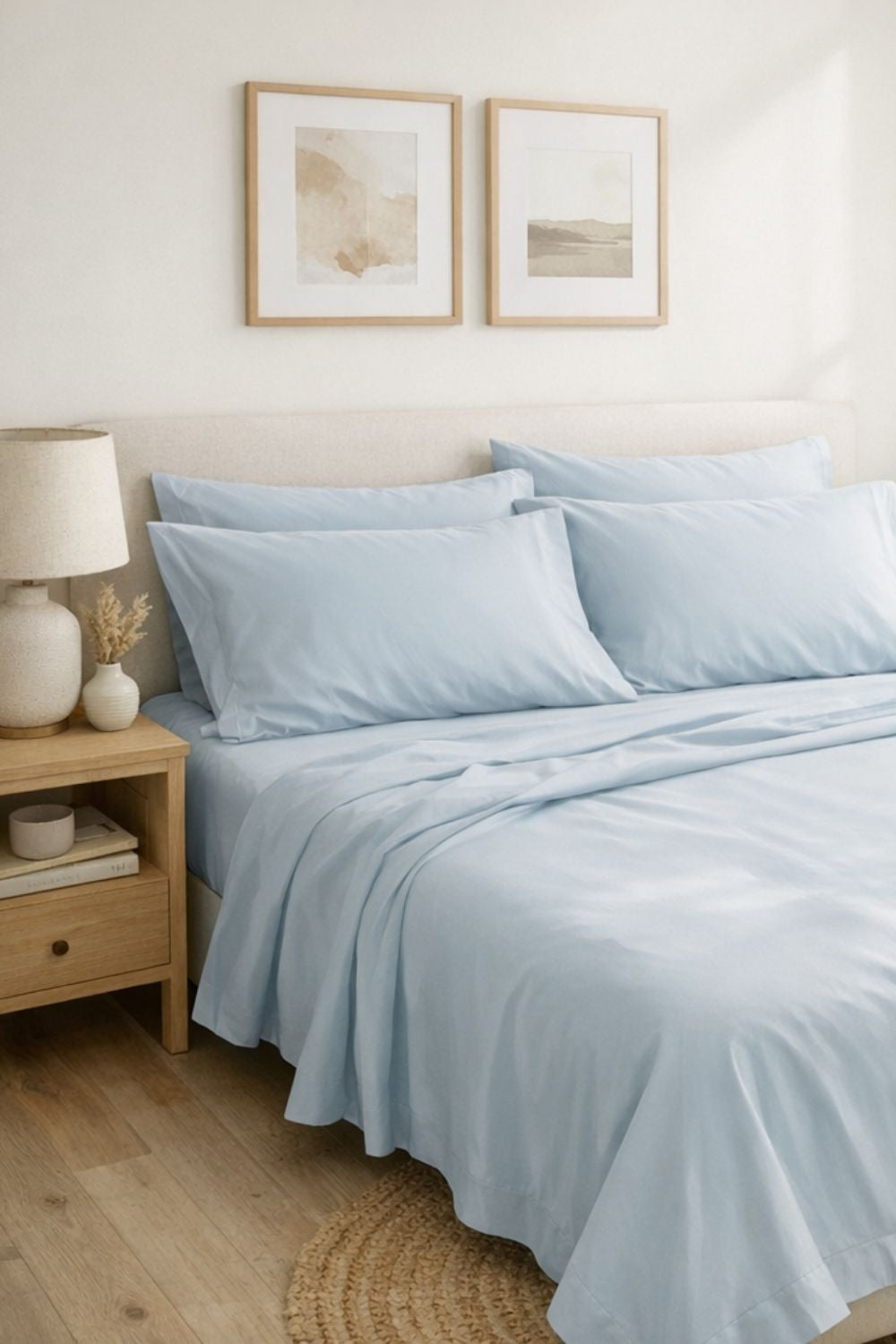 Bedroom with light blue bamboo bedding and framed artwork on the wall.