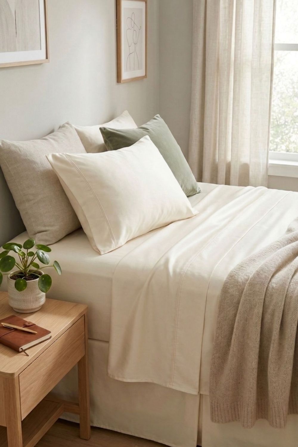 A bright, minimalist bedroom featuring the Pearl sheet set in a soft, warm white bamboo fabric.