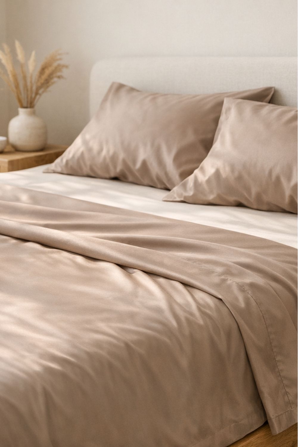A set of two warm taupe pillowcases styled in a bright, minimalist room to create a cozy, neutral aesthetic.