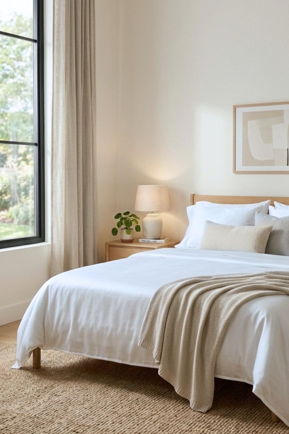 100% organic bamboo white duvet cover set on a bed in a minimalist bedroom. Styled with cream accent pillows and a neutral throw blanket in a bright, clean aesthetic for sustainable home decor.