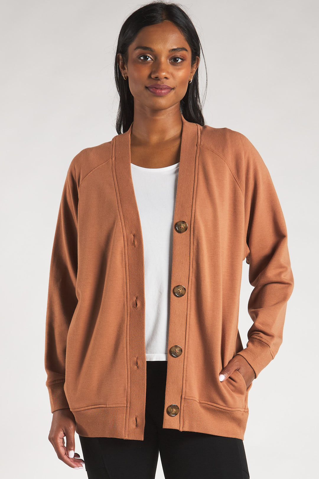 terrera womens warm brown bamboo button front cardigan canada