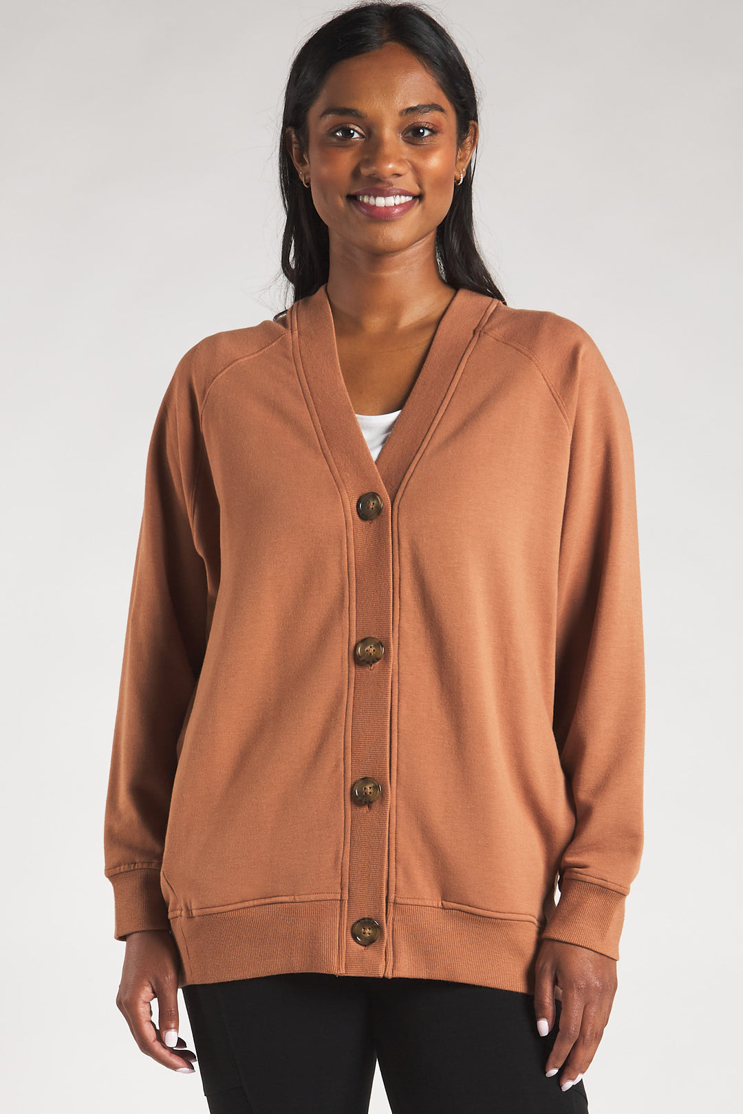 terrera womens warm brown bamboo button front cardigan canada