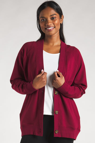 Women’s soft and luxurious bamboo cardigan sweater in the colour Cranberry made by Terrera.