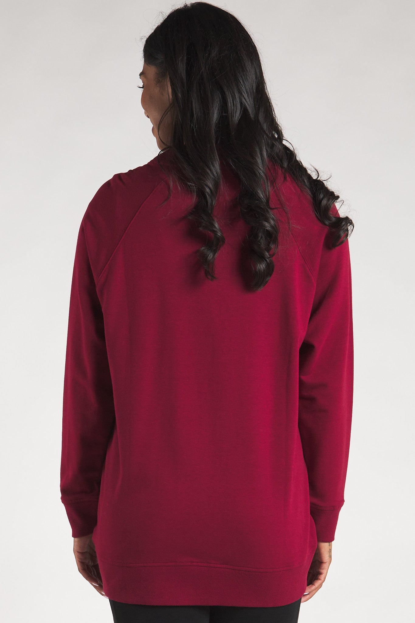 Back view of the Terrera bamboo fleece button-up cardigan in red.