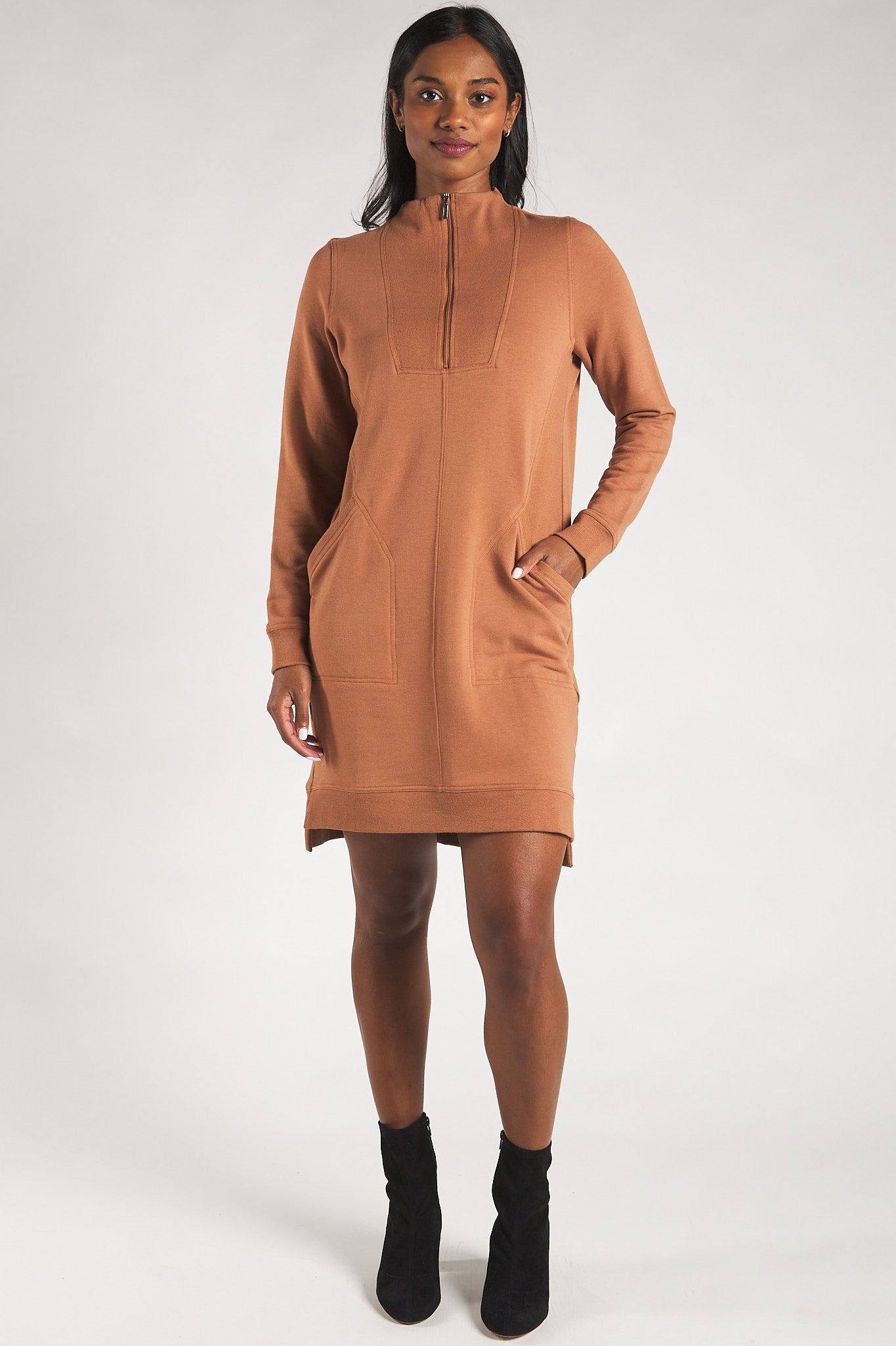 Women’s half-zip sweater dress made from sustainable bamboo fleece in the colour Warm Brown.