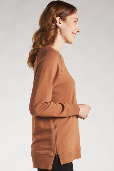 Side view of a Terrera warm brown bamboo sweatshirt with side zipper detail.