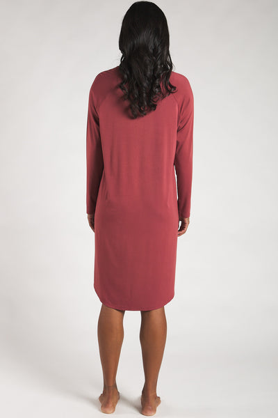 Back view of a woman wearing a Rosewood sleep dress made from sustainable bamboo.
