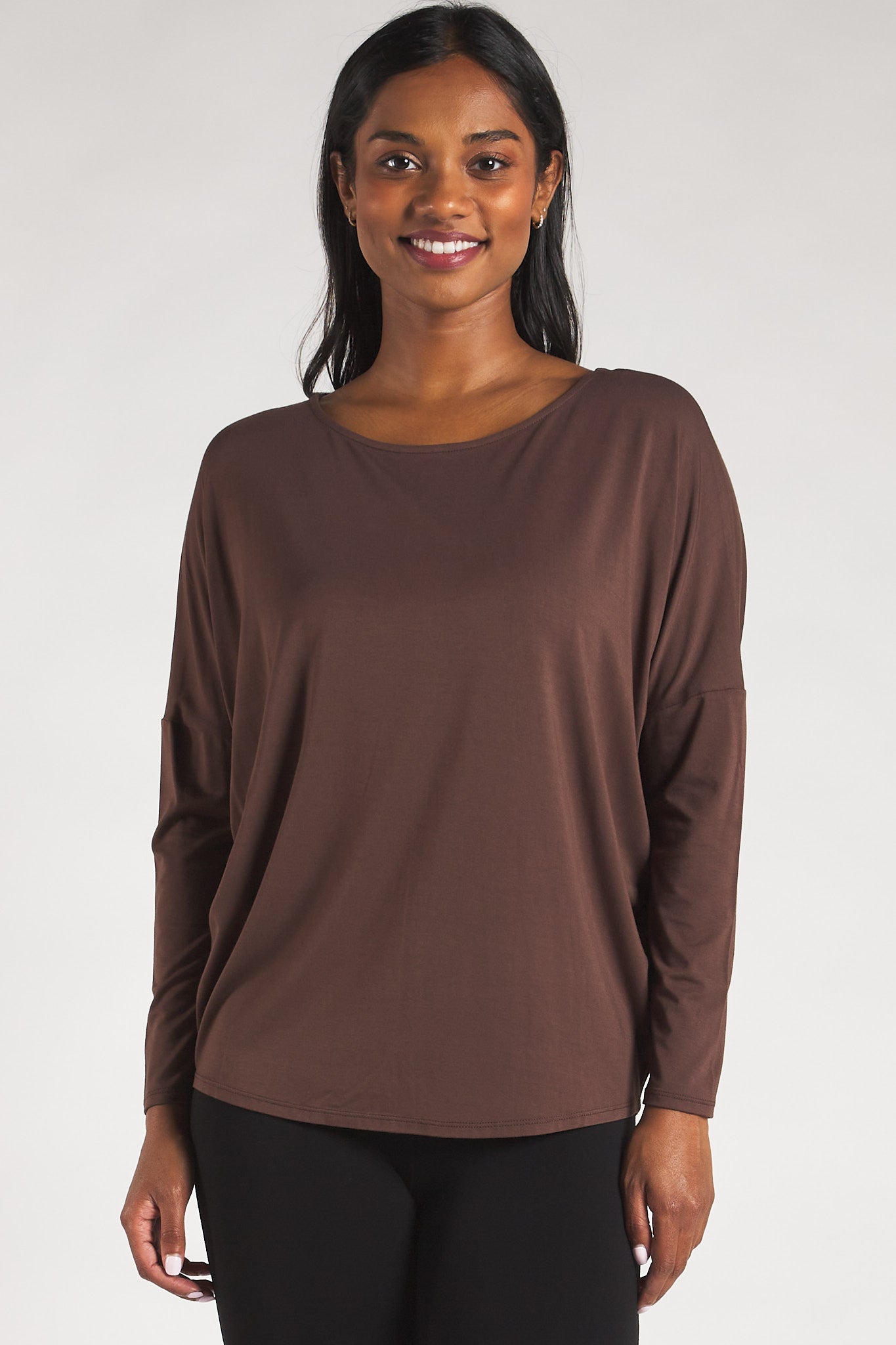 Woman's sustainable bamboo long sleeve top in dark brown by Terrera.