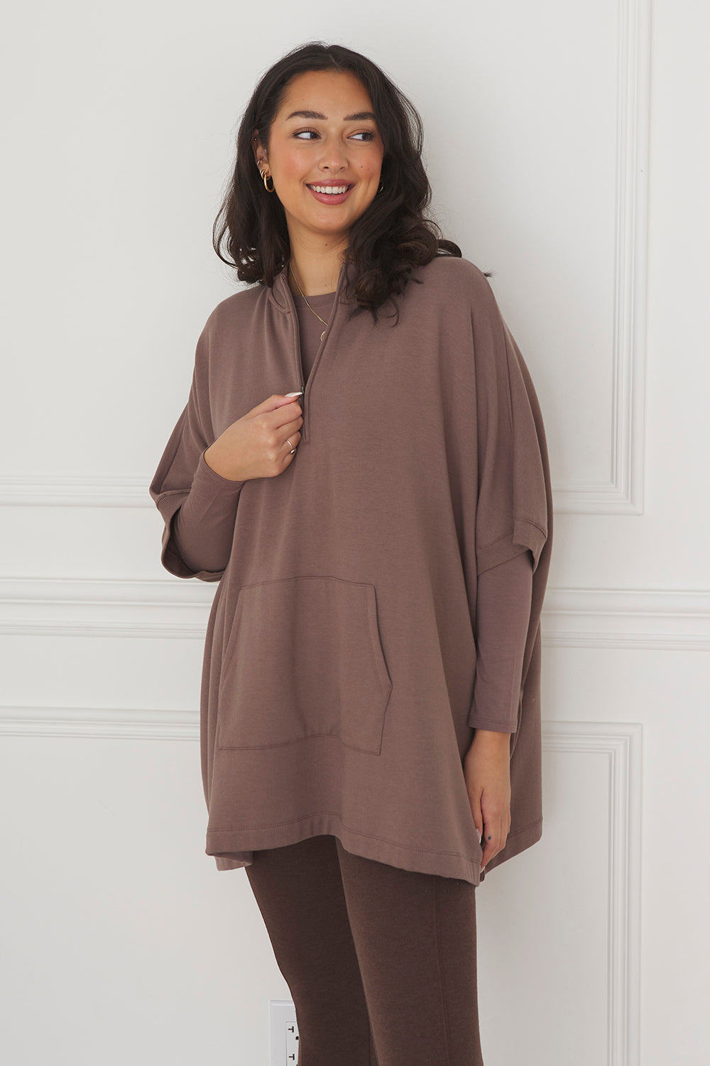 Lindsey Half-Zip Bamboo Poncho - Latte - Terrera
