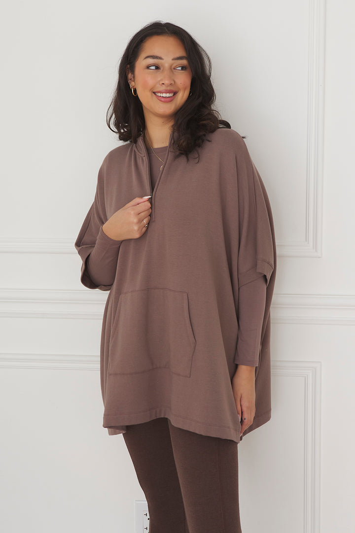 Lindsey Half-Zip Bamboo Poncho - Latte - Terrera