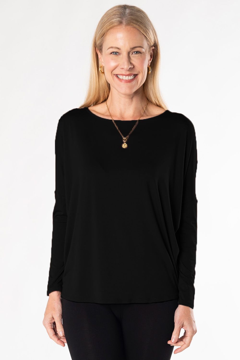 Bamboo batwing long sleeve boat neck top - black