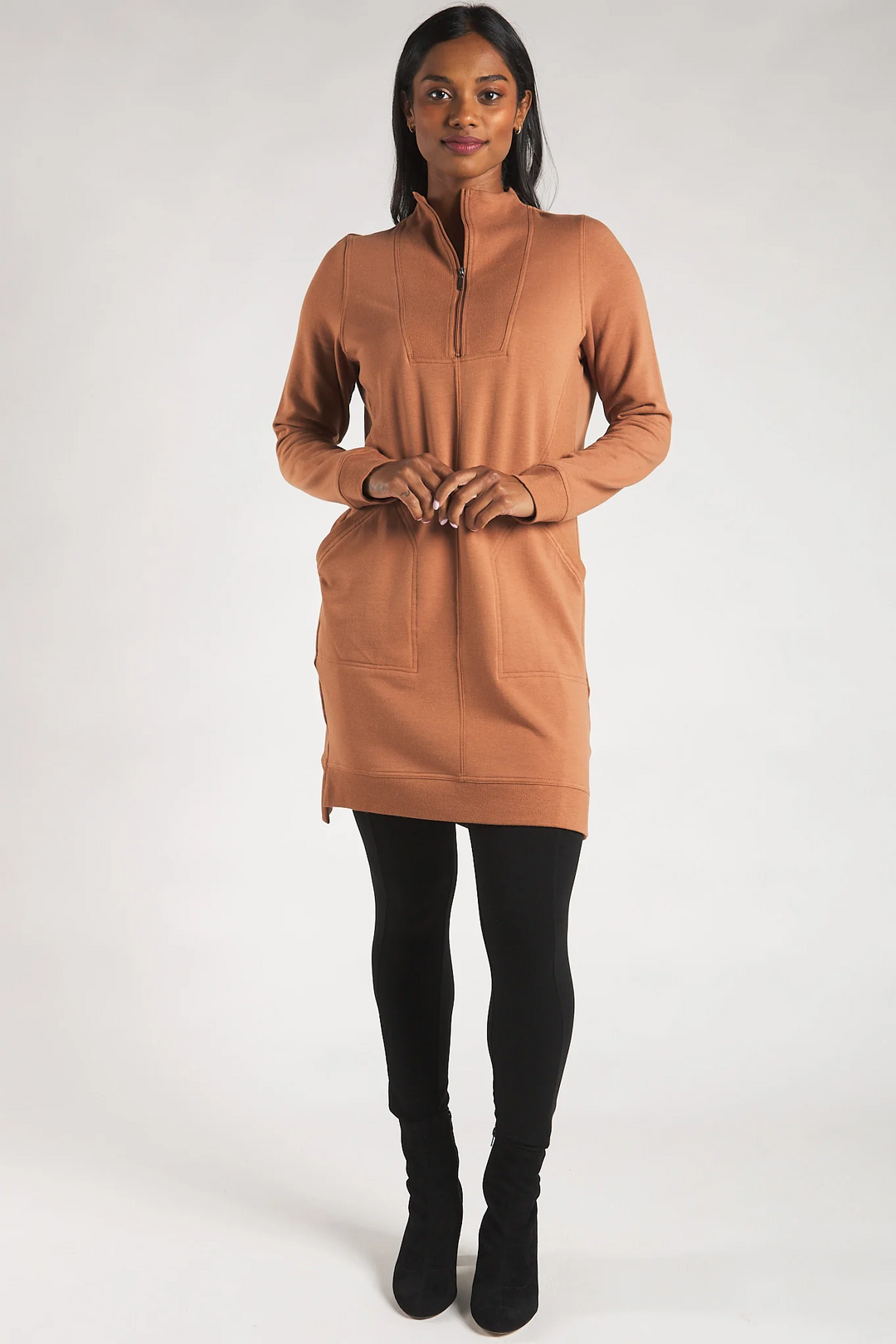 Sabelle Half-Zip Bamboo Fleece Dress - Warm Brown
