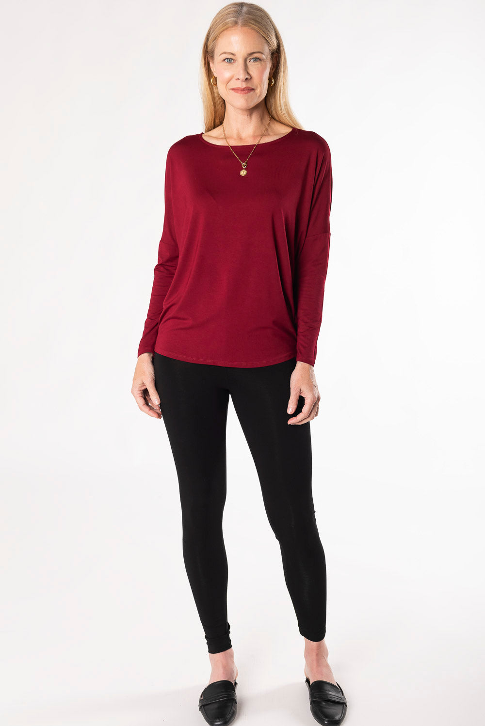 Bamboo batwing long sleeve boat neck top - red