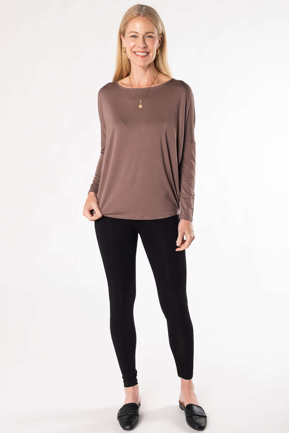 Bamboo batwing long sleeve boat neck top - brown