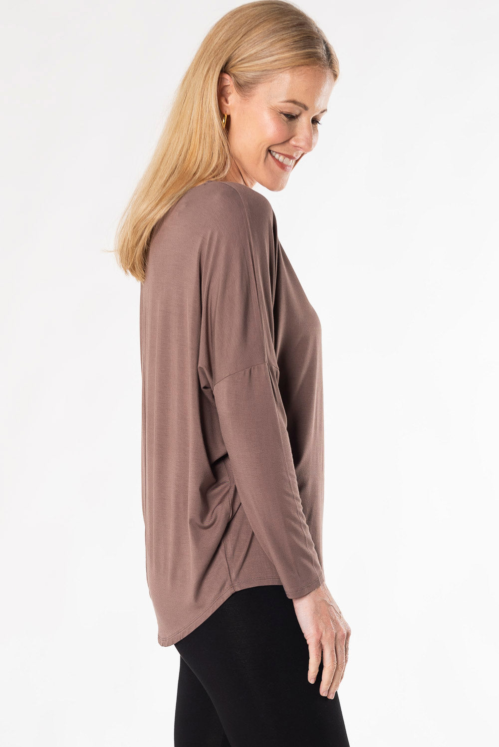 Bamboo batwing long sleeve boat neck top - brown
