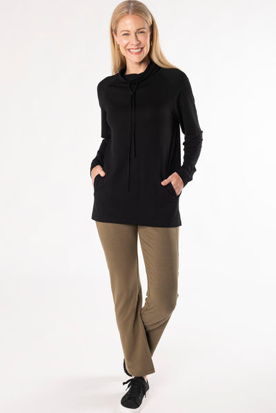 Bamboo drawstring shawl collar tunic sweater - black