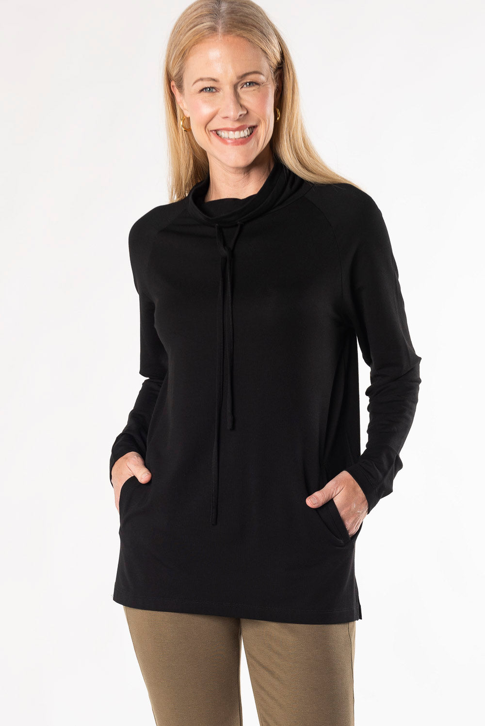 Iris Shawl Collar Bamboo Tunic - Black - Terrera