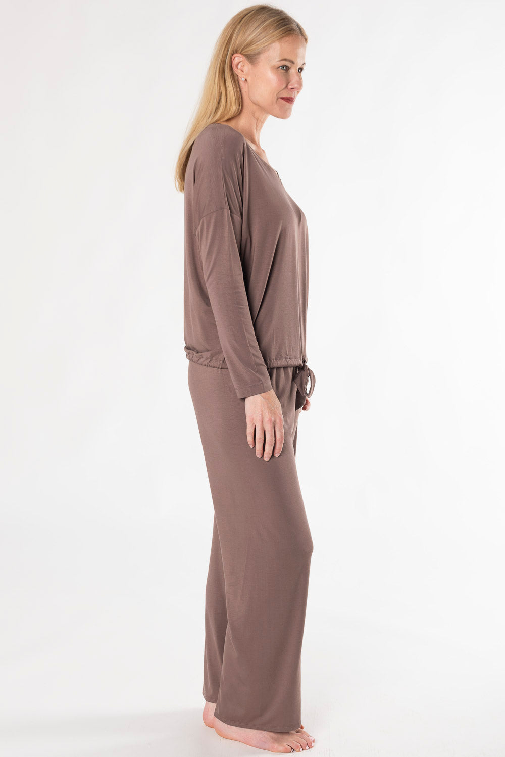 Bamboo two piece v-neck lounge set with straight leg pant - brown