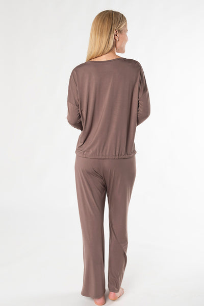 Bamboo two piece v-neck lounge set with straight leg pant - brown