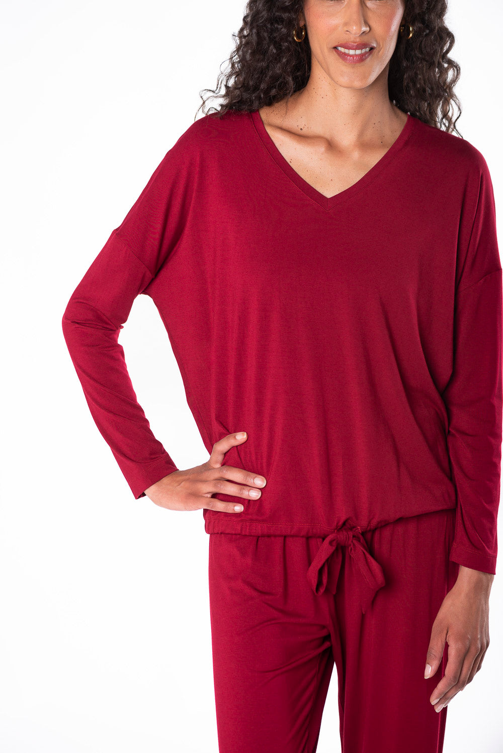 Bamboo two piece v-neck lounge set with straight leg pant - red