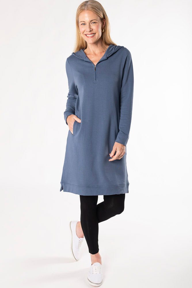 Mina Bamboo Hoodie Dress - Slate Blue - Terrera
