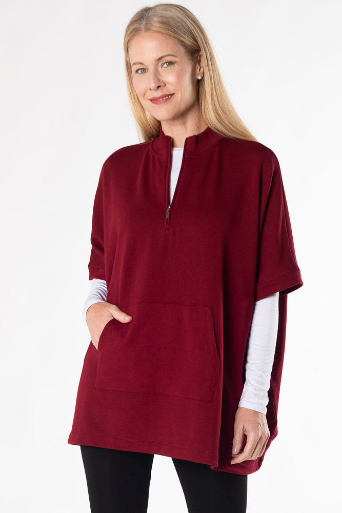 Lindsey Half-Zip Bamboo Poncho - Cranberry - Terrera
