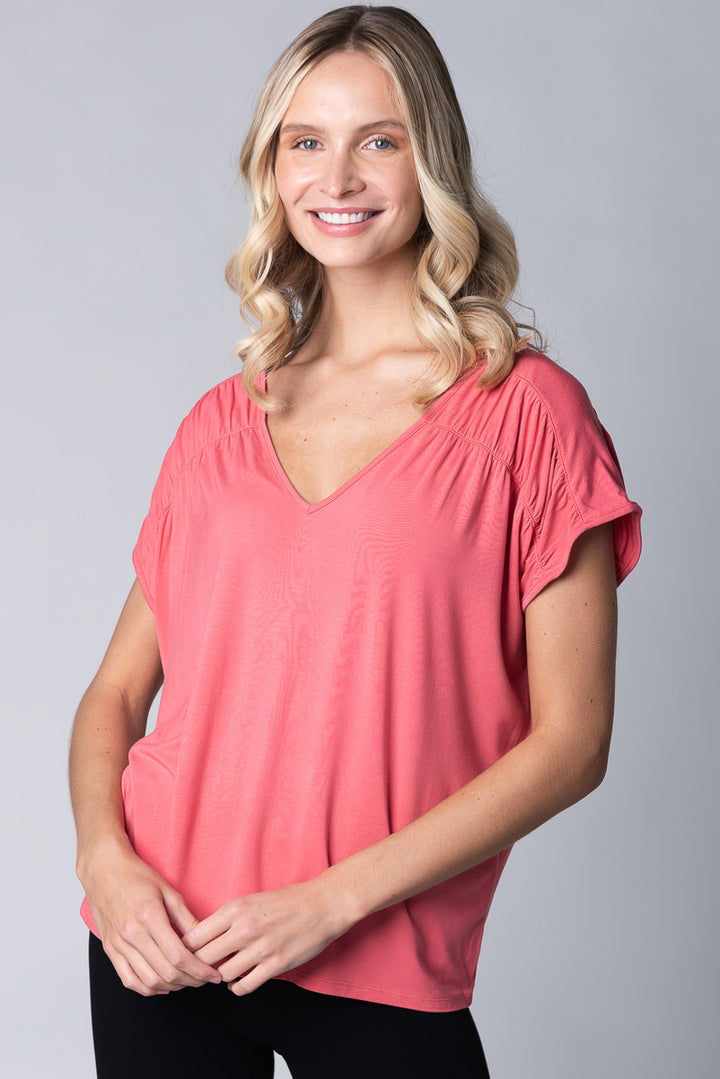 Alicia Bamboo V-Neck Top - Coral - Terrera