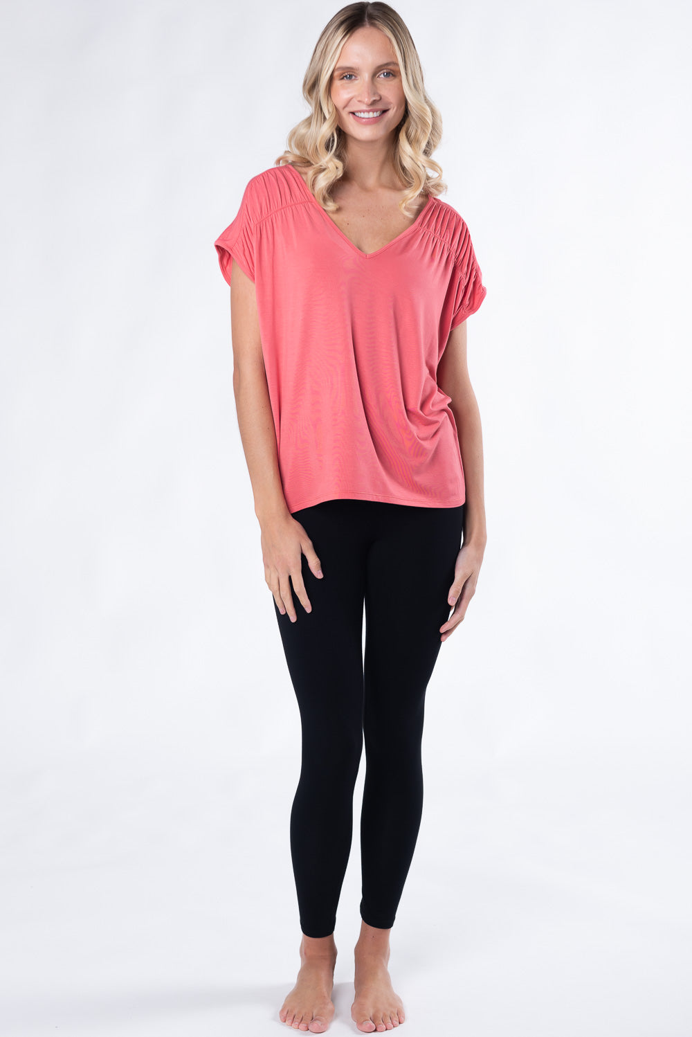 Alicia Bamboo V-Neck Top - Coral - Terrera
