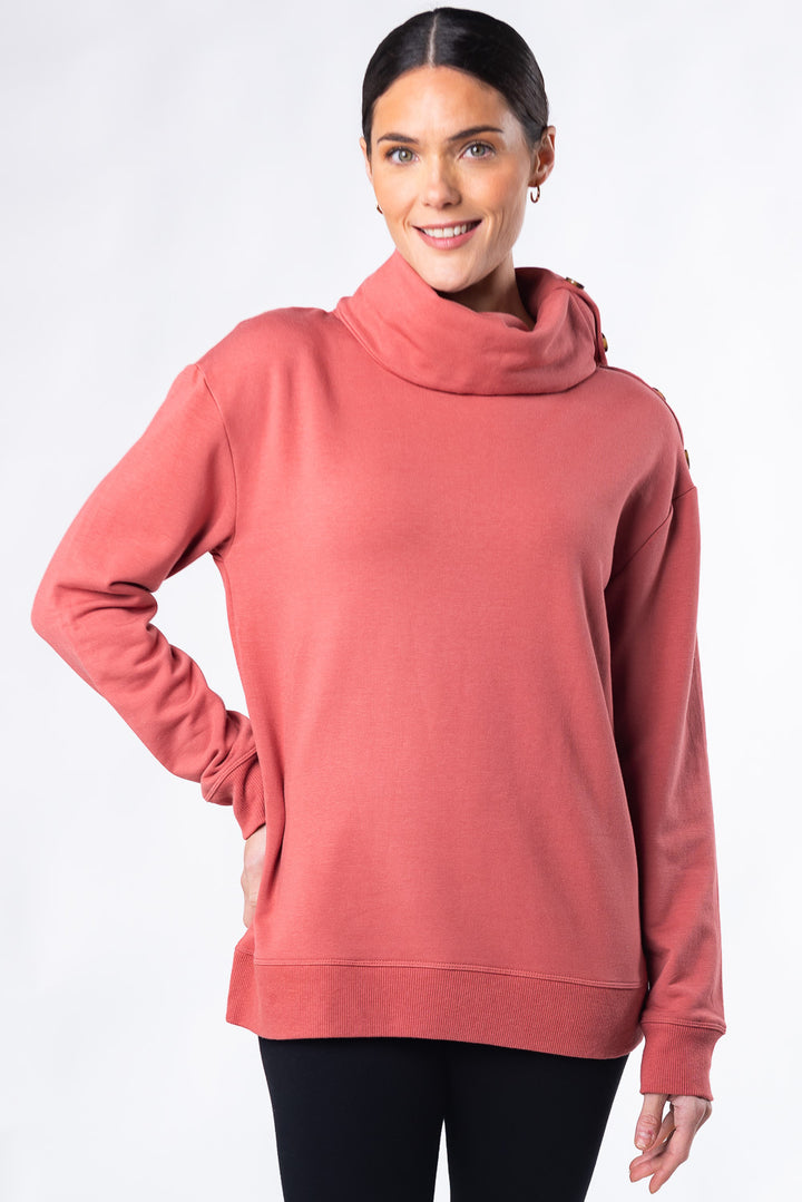 Jennie Split Neck Bamboo Fleece Top - Desert Pink - Terrera
