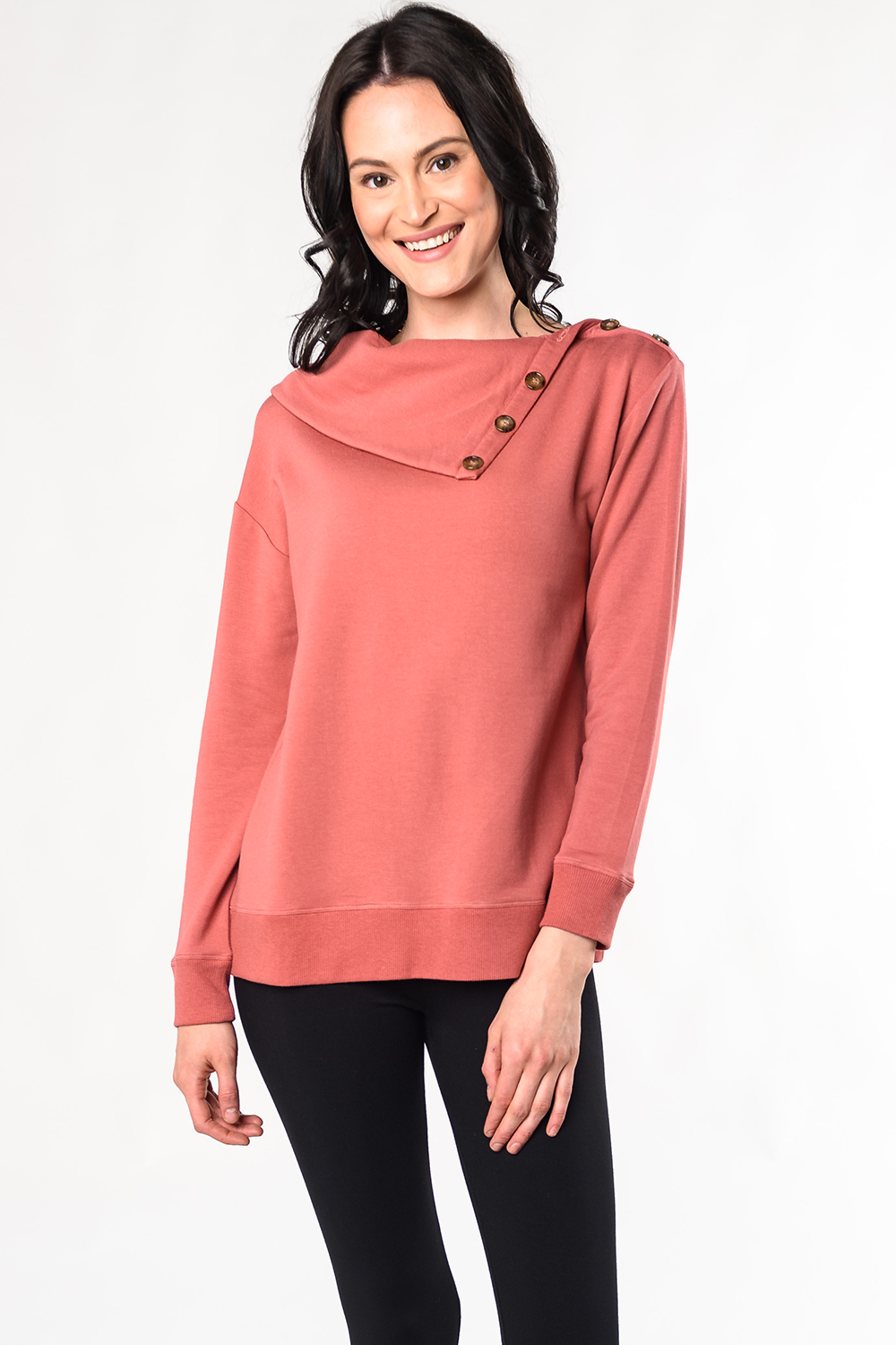 Jennie Split Neck Bamboo Fleece Top - Desert Pink - Terrera